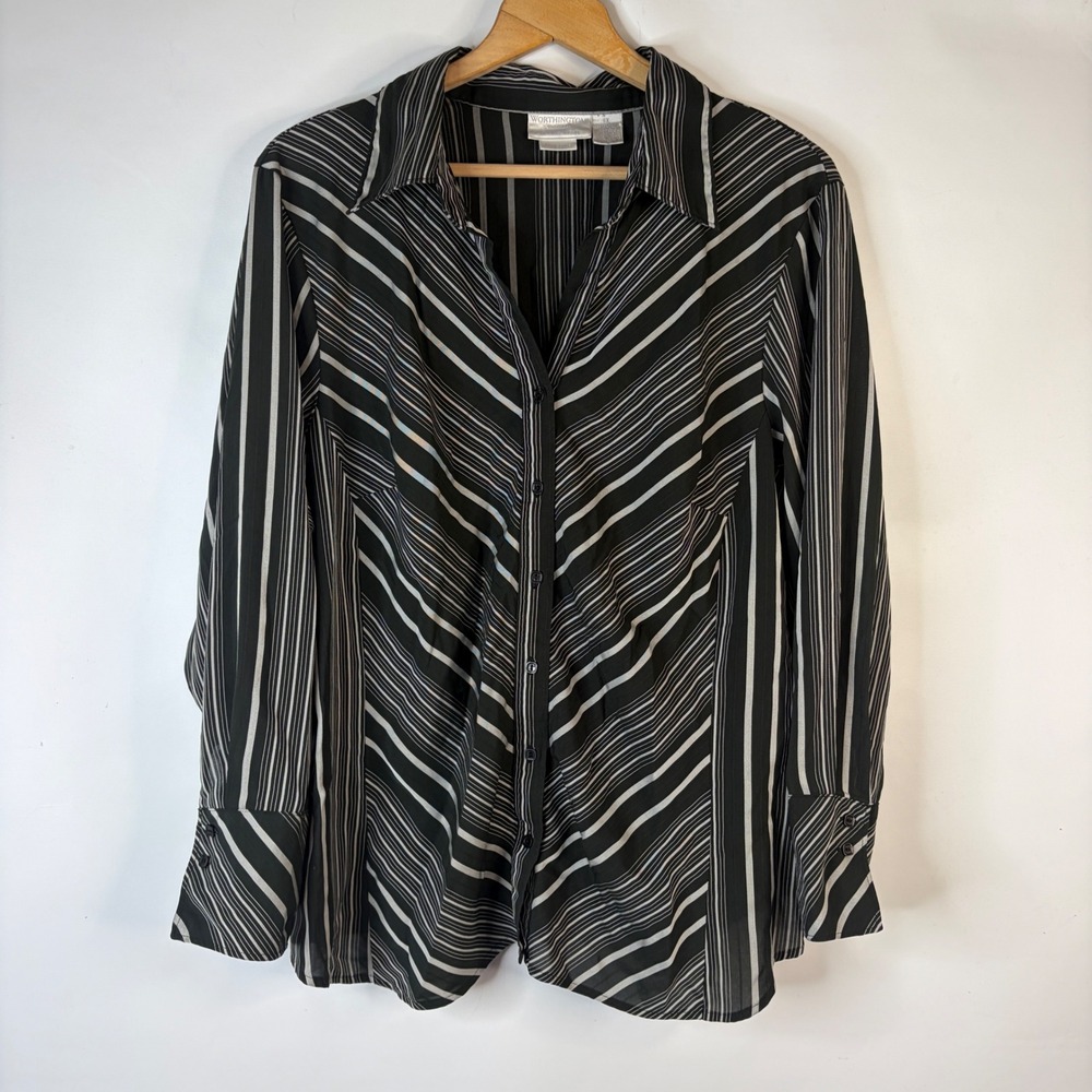 Worthington Button Down Shirt Women 2X Black White Striped Stretch Long Sleeve